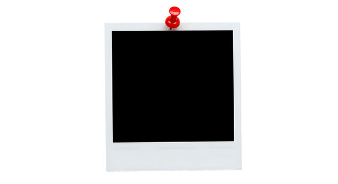 Blank instant photo frame pinned with red thumbtack empty memory card placeholder for customization.