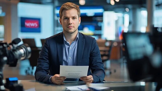 News Anchor Presenting Script in Studio