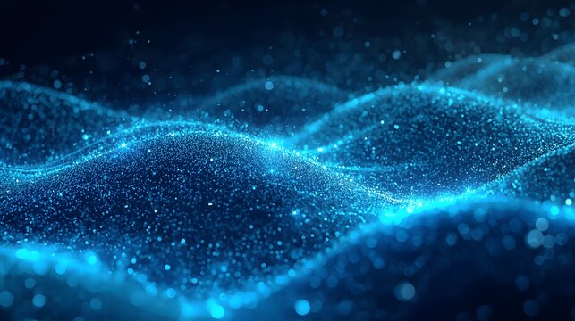 A luminous grid of blue and purple particles forms a smooth, undulating wave across a dark background, symbolizing data flow, quantum fields, and futuristic digital landscapes in motion.