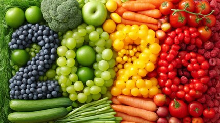 Colorful arrangement of fruits and vegetables celebrating the year 2026 in a vibrant display of freshness