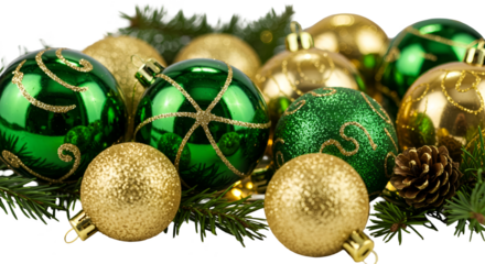 Realistic PNG Christmas Ornaments Green Gold Festive Holiday Decorations Isolated