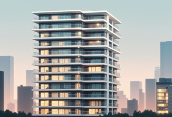 Fototapeta premium Modern multi story residential building against city skyline at dusk