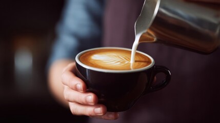 Person's hand holding a black coffee cup with a latte art design on it. the person is pouring milk from a silver coffee pot into the cup.