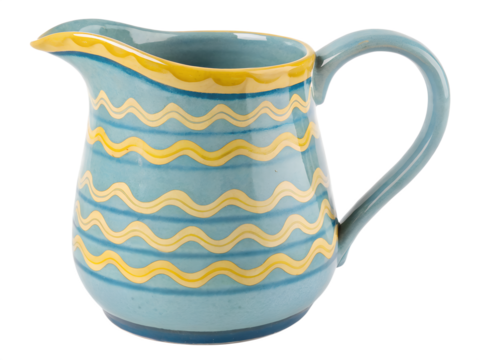 A blue ceramic pitcher with yellow wavy stripes, isolated on a transparent background - Powered by Adobe