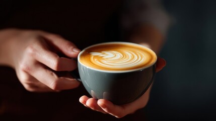 Pair of hands holding a cup of coffee. the cup is black and the coffee is a light brown color. the coffee has a latte art design on it, with swirls and curves that create a beautiful pattern.