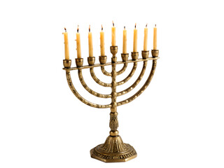A lit menorah with nine candles burning brightly, isolated on transparent background