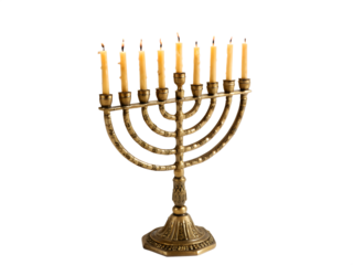 A lit menorah with nine candles burning brightly, isolated on transparent background