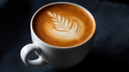 Close-up of a cup of coffee. the cup is white and has a handle on the side. the coffee is a light brown color and is frothy.