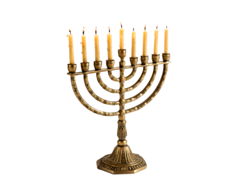 A lit menorah with nine candles burning brightly, isolated on transparent background