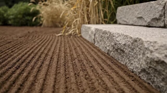garden stone step - A close-up view of freshly tilled soil, featuring neat, parallel grooves leading to textured stone steps, surrounded by dry grass and a lush green backdrop