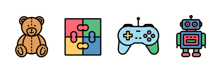 Flat vector icon sheet of classic and modern toys – Perfect for toy catalog design, playful branding, or educational materials
