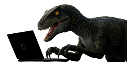 Realistic Raptor Typing On Laptop Illustration With Yellow Eyes