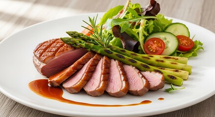Seared Duck Breast with Asparagus and Salad - A Gourmet Delight.