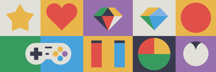 Flat vector illustration of children’s game store symbols – Perfect for colorful branding, playful design, or gaming content