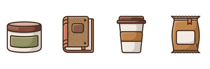 Vector icons of skincare jar, book, coffee cup, and snack bag on white background – Ideal for wellness, reading, or lifestyle branding