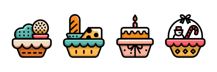 Vector icon sheet of themed gift baskets: spa, food, birthday, and holiday – Suitable for festive branding, product packaging, or celebration design