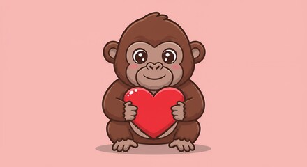 Cartoon monkey holding red heart against pink backdrop illustration