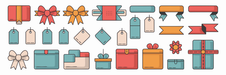 Flat vector icons of packaging elements with ribbons, bows, tags, and boxes – Ideal for packaging design, branding mockups, or retail visuals