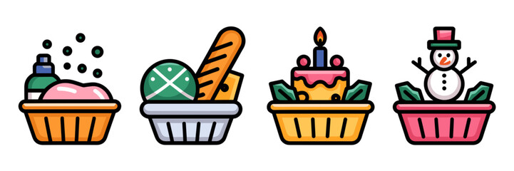 Vector icon sheet of themed gift baskets: spa, food, birthday, and holiday – Great for marketing visuals, festive branding, or seasonal promotions