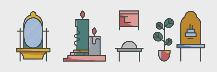 Minimalist home decor icon sheet with mirror, candle, shelf, and indoor plant – Perfect for design backgrounds, interior visuals, or lifestyle promotion