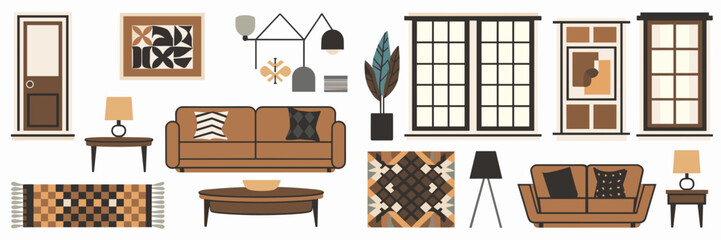 Modern room layout icon sheet with sofa, coffee table, lamp, plant, rug, and wall art – Ideal for interior design content, furniture branding, or home layout visuals