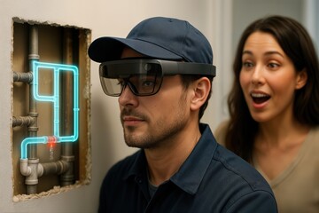 A Plumber Using Augmented Reality Glasses To Analyze Pipe Systems With An Enthusiastic Onlooker In A Modern Setting, Demonstrating Cutting Edge Technology