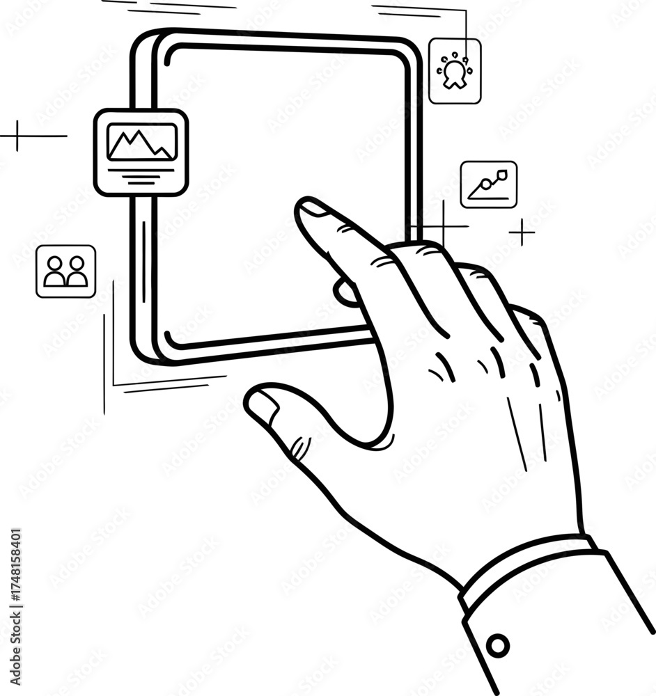 Wall mural hand using a touch screen with icons, showing digital interface interaction. modern technology conce