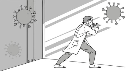 Healthcare worker pushing against virus medical illustration covid-19 pandemic prevention safety protection health disease illness infection quarantine isolation respirator mask do.