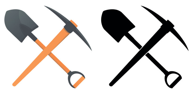 Icon of crossed shovels and pickaxes. Miners tools. Black silhouette axe. Digging scoop. Construction equipment. Spade for mining. Goldminer inventory. Ore excavation. Vector symbols set