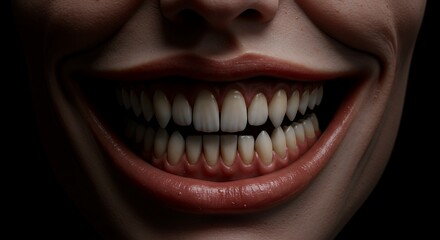 Naklejka premium Close up of a grinning mouth with prominent teeth on a dark background