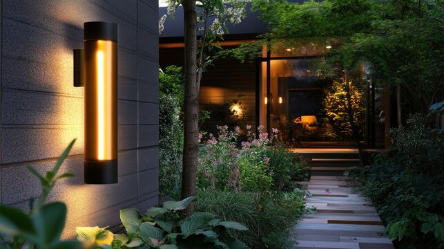 Outdoor wall lamp illuminating a garden path