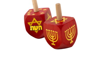 Two red dreidels with jewish symbols isolated on transparent background