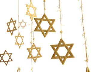 Glittering golden star of david ornaments hanging and isolated on transparent background