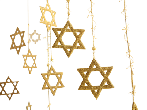 Glittering golden star of david ornaments hanging and isolated on transparent background