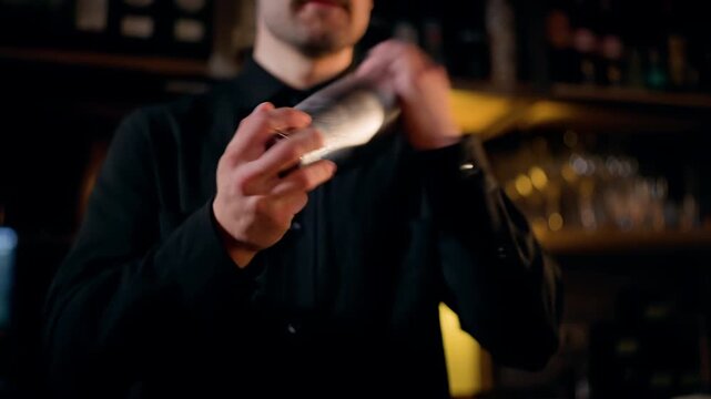 A skilled bartender in a dimly lit bar shaking a stainless steel cocktail shaker, capturing motion with focus on the gleaming metal as the background blurs in soft lounge ambience