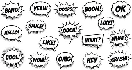Comic speech bubble vector set, pop art exclamations clipart, cartoon typography design, expressive word icons, graphic sound effects illustration collection ©  BAKKOR
