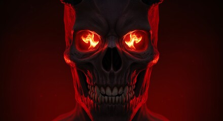 Dark skull with glowing eyes against red background digital illustration