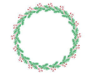 Christmas Wreath with Pine Branches and Red Berries Vector Illustration