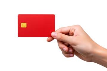 Hand holding a red credit card with chip isolated on transparent background