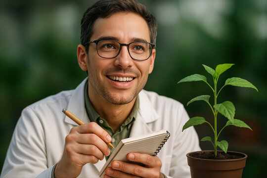 Smiling botanist taking notes while observing a young plant in a pot, wearing a lab coat indoors with blurred greenery in the background