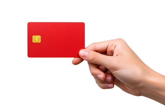 Hand holding a red credit card with chip isolated on transparent background