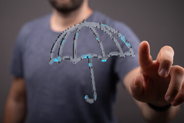 A hand touching a digital umbrella, illustrating protection, security, and insurance concepts....