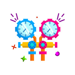Colorful Vector Illustration of Two Pressure Gauges Connected by Yellow Pipes Featuring Blue and Pink Dials with Decorative Sparkle Accents on a Transparent Background