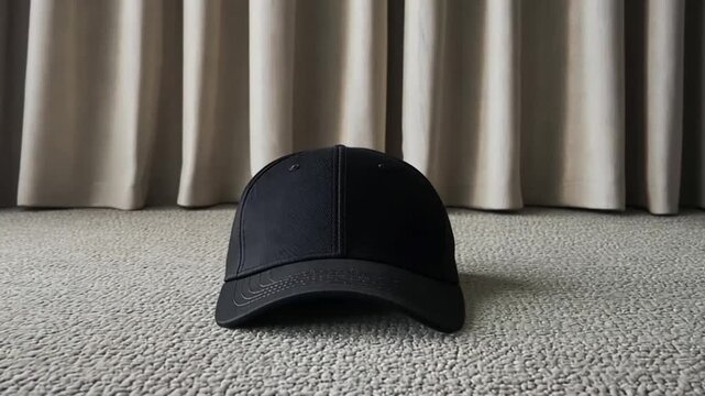 Black baseball cap on a carpeted floor near beige curtains
