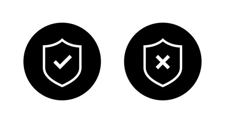 Shield check and cross icon in black circle. Security approval and denial symbol