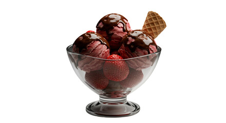 Realistic Strawberry Ice Cream Sundae with Chocolate Syrup and Waffle