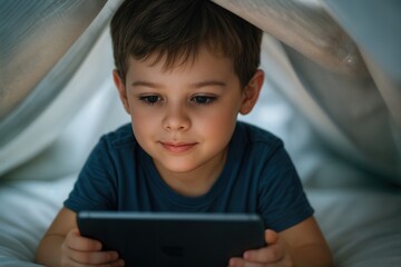 Young Child Enjoying a Tablet Adventure Under a Cozy Blanket Fort, Engrossed in Digital Exploration Indoors With Shallow Depth Of Field