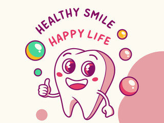 Cartoon Tooth Character Celebrates National Dental Hygiene Month in October with a Thumbs Up on a Light Blue Background