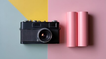 Black camera with a large lens on the left side and two rolls of pink film on the right side. the camera is placed on a pastel pink and yellow background.