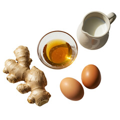Realistic Top View Of Ginger Honey Eggs Milk In Black Background